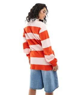 Monki Oversized Long Sleeve Rugby Top In Pink And Red Stripe For Women -Monki Shop 207919712 2