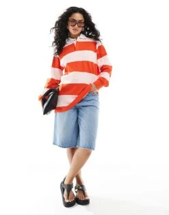 Monki Oversized Long Sleeve Rugby Top In Pink And Red Stripe For Women -Monki Shop 207919712 3