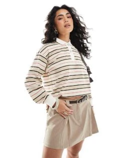 Monki Long Sleeve Rugby Polo Top In Beige Stripe For Women -Monki Shop 207919734 1 beige 1