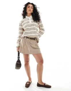 Monki Long Sleeve Rugby Polo Top In Beige Stripe For Women -Monki Shop 207919734 3