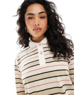Monki Long Sleeve Rugby Polo Top In Beige Stripe For Women -Monki Shop 207919734 4