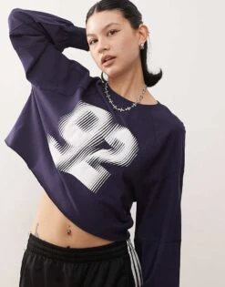 Monki Long Sleeve Cropped T-shirt With '92' Varisty Graphic Print In Navy For Women