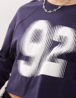 Monki Long Sleeve Cropped T-shirt With '92' Varisty Graphic Print In Navy For Women -Monki Shop 207919766 3