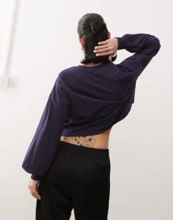 Monki Long Sleeve Cropped T-shirt With '92' Varisty Graphic Print In Navy For Women -Monki Shop 207919766 4