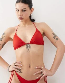 Monki Mix And Match Tie Side Bikini In Dark Red