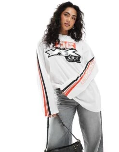 Monki Oversized Long Sleeve Top With Motocross Print In White For Women -Monki Shop 207919782 1 white 1