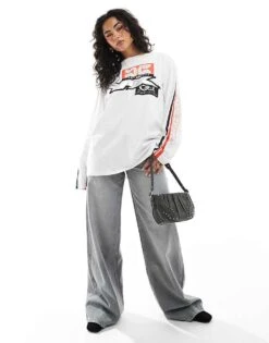 Monki Oversized Long Sleeve Top With Motocross Print In White For Women -Monki Shop 207919782 4