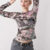 Monki Long Sleeve Sheer Ribbed Top In Pink Camo Print For Women