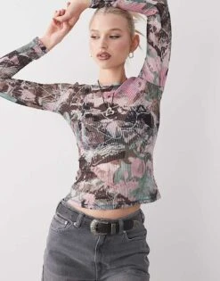 Monki Long Sleeve Sheer Ribbed Top In Pink Camo Print For Women