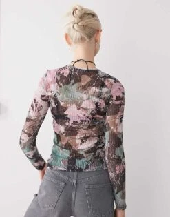 Monki Long Sleeve Sheer Ribbed Top In Pink Camo Print For Women -Monki Shop 207919783 3