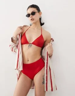 Monki Mix And Match High Waist Bikini Bottom In Dark Red For Women