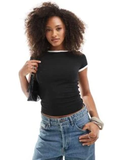 Monki Baby Tee With Low Back In Black With White Tipping For Women Black & White -Monki Shop 207919832 1 blackwhite 1