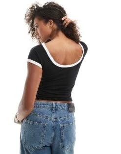 Monki Baby Tee With Low Back In Black With White Tipping For Women Black & White -Monki Shop 207919832 4