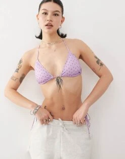 Monki Mix And Match Triangle Tie Up Bikini Top And Tie Side Bottom In Lilac Purple And Red Polka Dot
