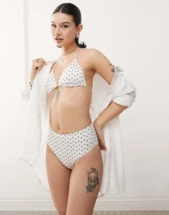 Monki Mix And Match High Waist Bikini Bottom In White And Black Polka Dot For Women White Polka Dot