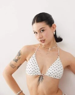 Monki Mix And Match Triangle Tie Up Bikini Top In White And Black Polka Dot For Women White Polka Dot -Monki Shop 207920281 1 whitepolkadot 1
