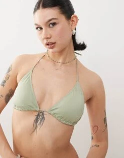 Monki Mix And Match Triangle Tie Up Bikini Top In Sage Green For Women -Monki Shop 207920288 2