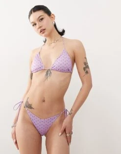 Monki Mix And Match Triangle Tie Up Bikini Top And Tie Side Bottom In Lilac Purple And Red Polka Dot -Monki Shop 207920304 1 purplepolkadot 1