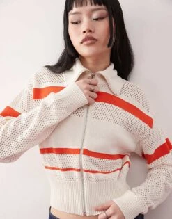 Monki Knitted Zip Through Cardigan In White & Red Stripe For Women -Monki Shop 207968939 1 whitered 1