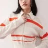 Monki Knitted Zip Through Cardigan In White & Red Stripe For Women