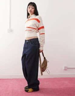 Monki Knitted Zip Through Cardigan In White & Red Stripe For Women -Monki Shop 207968939 2