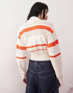 Monki Knitted Zip Through Cardigan In White & Red Stripe For Women -Monki Shop 207968939 3