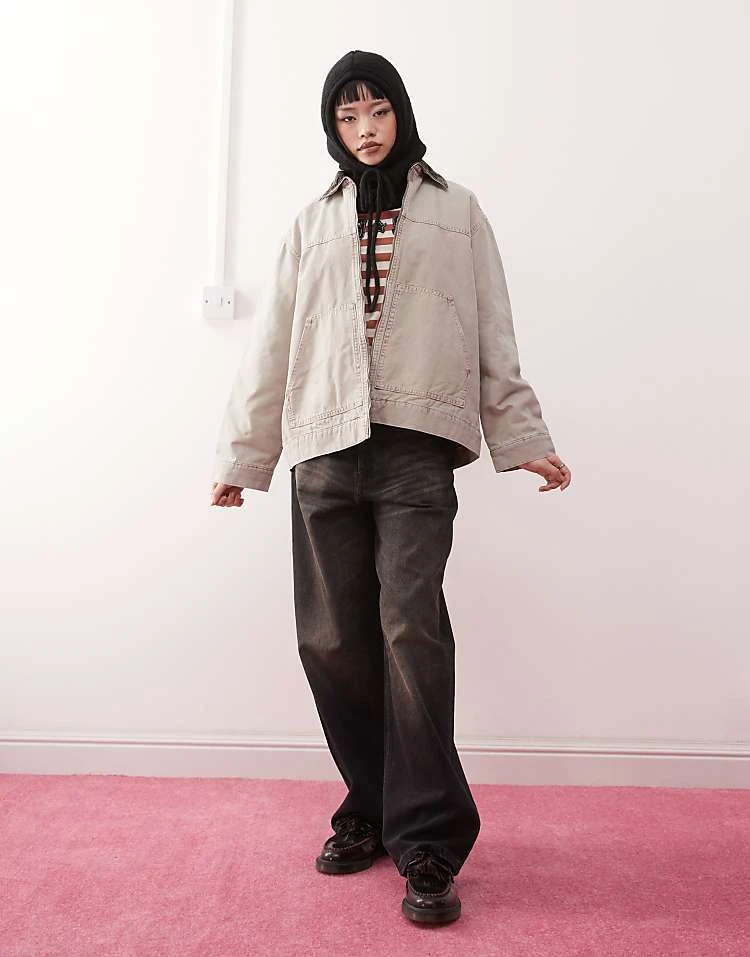 Monki Short Canvas Jacket With Cord Collar In Beige For Women 2 Monki Short Canvas Jacket With Cord Collar In Beige For Women