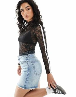 Monki Long Sleeve Top In Lace With Silver Tape In Black For Women -Monki Shop 207968957 1 black 1