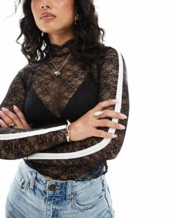 Monki Long Sleeve Top In Lace With Silver Tape In Black For Women -Monki Shop 207968957 3