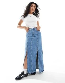 Monki Western Style Denim Maxi Skirt In Vintage Blue Wash For Women -Monki Shop 207968974 1 blue 1
