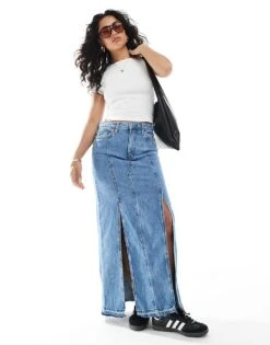 Monki Western Style Denim Maxi Skirt In Vintage Blue Wash For Women -Monki Shop 207968974 3