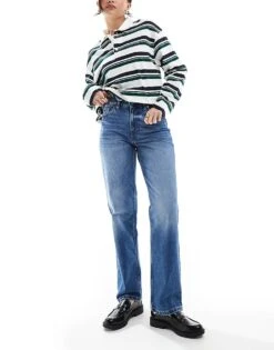 Monki Aimo Mid Rise Straight Jeans In Mid Blue Wash For Women