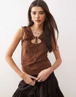 Monki Cut Out Ruched Tank With Tie Details In Brown For Women -Monki Shop 207969001 1 brown 1