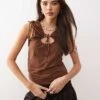 Monki Cut Out Ruched Tank With Tie Details In Brown For Women