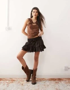 Monki Cut Out Ruched Tank With Tie Details In Brown For Women -Monki Shop 207969001 3