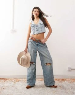 Monki Denim Cropped Waistcoat In Light Blue Wash For Women -Monki Shop 207969004 2