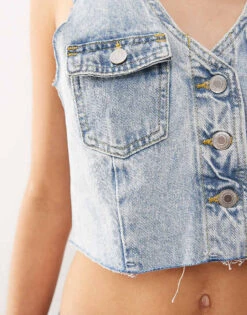 Monki Denim Cropped Waistcoat In Light Blue Wash For Women -Monki Shop 207969004 3