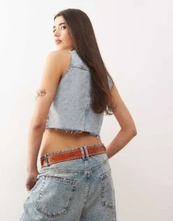 Monki Denim Cropped Waistcoat In Light Blue Wash For Women -Monki Shop 207969004 4