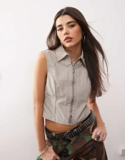 Monki Twill Zip Through Waistcoat In Beige For Women -Monki Shop 207969014 1 beige 1