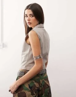 Monki Twill Zip Through Waistcoat In Beige For Women -Monki Shop 207969014 4