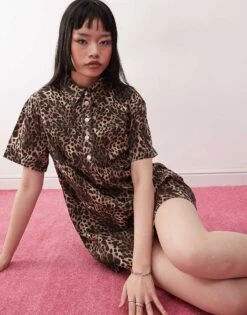 Monki Oversized Twill Shirt Dress In Leopard Print For Women -Monki Shop 207969022 2