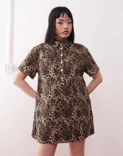 Monki Oversized Twill Shirt Dress In Leopard Print For Women -Monki Shop 207969022 4