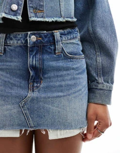 Monki Low Waist Denim Mini Skirt In Mid Blue Wash For Women -Monki Shop 207969039 5