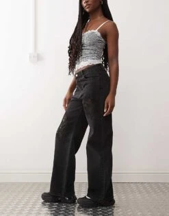 Monki Missy Low Waist Loose Fit Jeans With Lace Cur Out Detail In Black For Women -Monki Shop 207969086 3