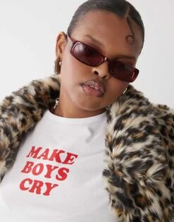 Monki Thin Rectangle Sunglasses In Burgundy For Women Red