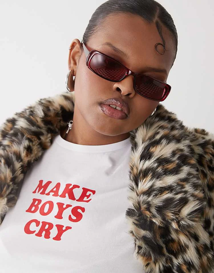 Monki Thin Rectangle Sunglasses In Burgundy For Women Red 3 Monki Thin Rectangle Sunglasses In Burgundy For Women Red