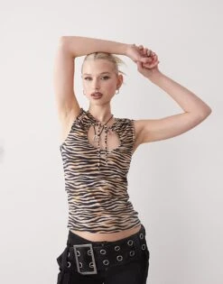 Monki Cut Out Ruched Tank With Tie Details In Brown Tiger Print For Women -Monki Shop 207969145 1 browntiger 1