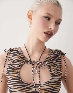 Monki Cut Out Ruched Tank With Tie Details In Brown Tiger Print For Women -Monki Shop 207969145 3