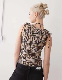 Monki Cut Out Ruched Tank With Tie Details In Brown Tiger Print For Women -Monki Shop 207969145 4