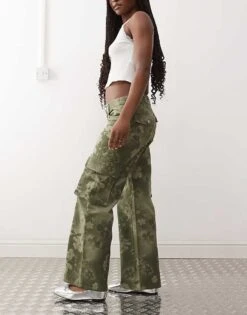 Monki Cargo Trousers With Floral Print In Khaki For Women -Monki Shop 207969155 3